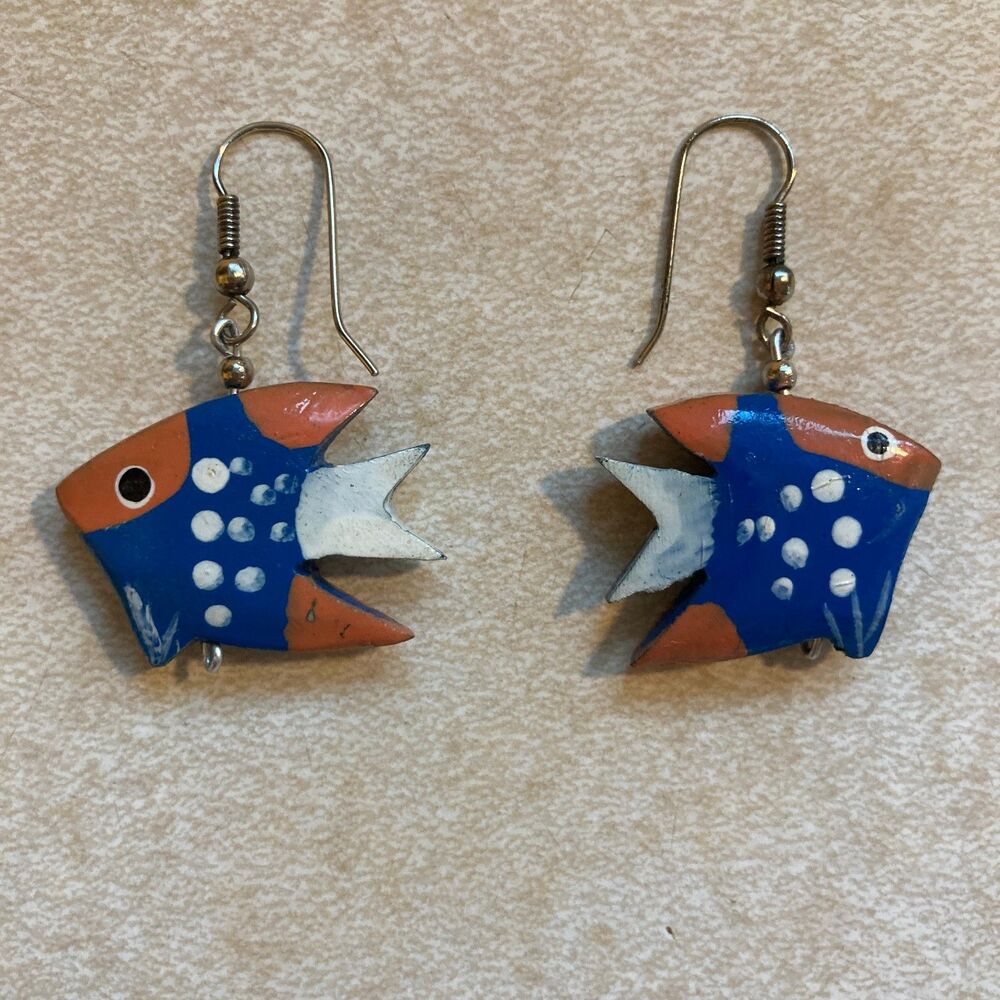 Whimsical Hand Painted Blue, White, Orange‎ Wooden Fish Dangle Vintage Earrings